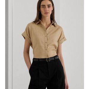 lauren ralph lauren Linen Point Collar Short Dolman Sleeve Shirt Tan Sz M basic